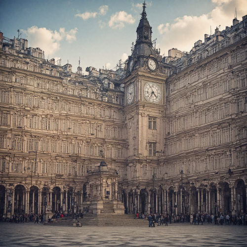 A grand clock tower in a city square.