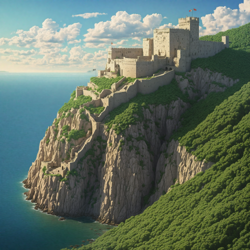 A grand fortress on a cliff overlooking the sea.