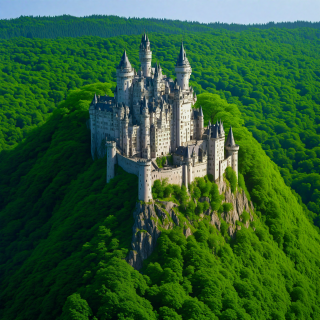 A-majestic-castle-on-a-hill-surrounded-by-a-lush-green-forest.