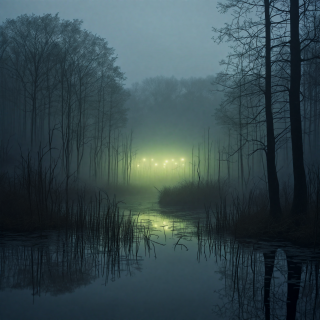 A-mysterious-foggy-swamp-with-eerie-lights.