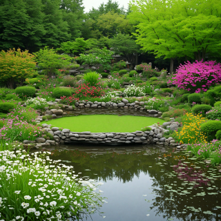 A-tranquil-garden-with-blooming-flowers-and-a-small-pond.